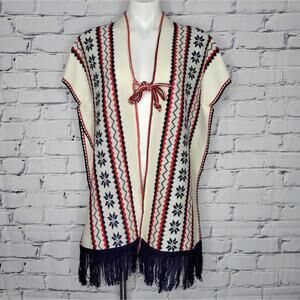 Southwest Snowflake, Red, White & Blue Aztec Fringed Poncho, OSFM